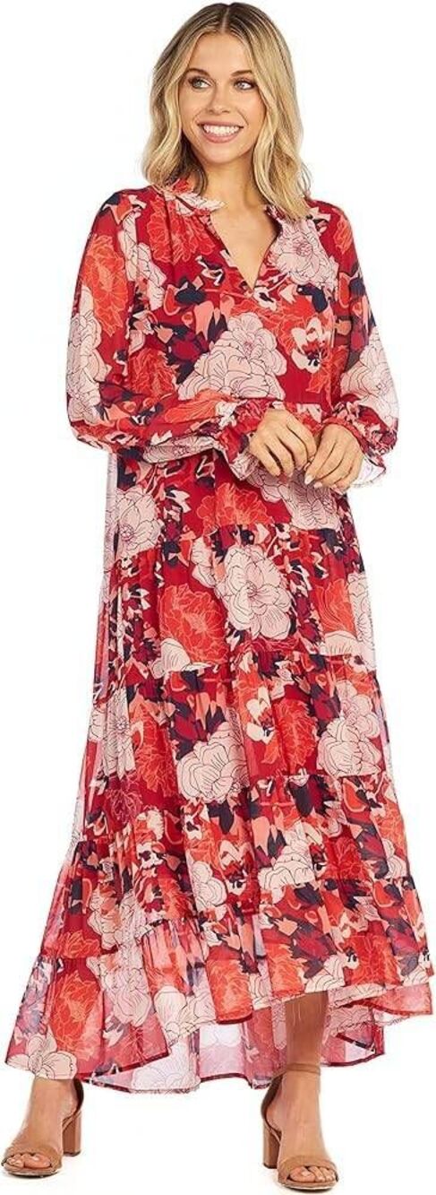 Mudpie Simone Red Floral Maxi Dress Large Boho Colorful Femme Cocktail Formal